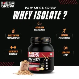 Megagrow Isolate Whey Protein Powder Vanilla Flavored with shaker | Energy 125 kcal | 24.5 g Protein, 4.67 g BCAA - 31 Servings, Pack of 1 Kg image 4