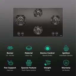 Elica CLASSIC FLEXI AB MFC 4B 91 MT Glass Top 4 Burner Automatic Electric Hob (Cast Iron Grid, Black) image 3