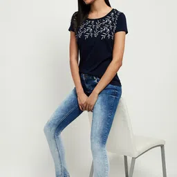 max Women Printed Round Neck Pure Cotton Navy Blue T-Shirt image 3