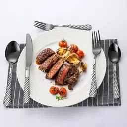 kitchantique Matte Black Silverware Set | 5-Pcs Flatware With Unique Checks Print Handle Stainless Steel Cutlery Set image 3