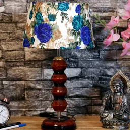 Lucca White & Blue Fabric Shade Night Lamp With Wood Base By BrightDaisy image 2