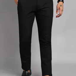 Men Slim Fit Black Cotton Blend Trousers-image-84