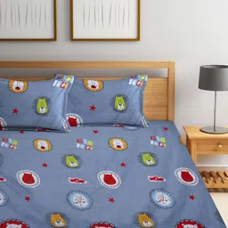 Arrabi Blue & White Cartoon Characters 300 TC Fitted King Bedsheet with 2 Pillow Covers image 4