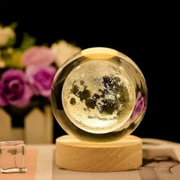 veevate Decorative Crystal Moon LED Night Lamp with Wooden Base – Warm White 6 cm Night Lamp image 4