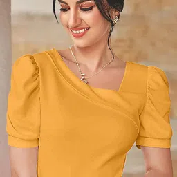 dream beauty fashion Casual Puff Sleeves Solid Women Yellow Top image 1
