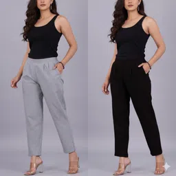 solid stitching Pack of 2 Women Regular Fit Black, Grey Pure Cotton Trousers-picture-11