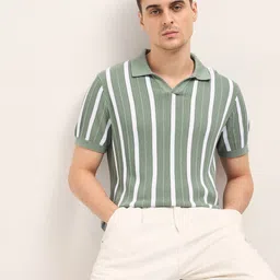 the bear house Men Striped Polo Neck Pure Cotton Green T-Shirt-picture-11