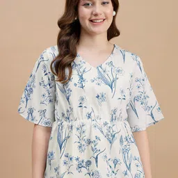 zummer Casual Bell Sleeves Printed Women White, Blue Top image 5