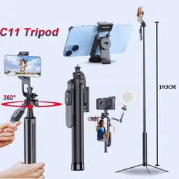 RETRACK C11 1.93Meter Long Extendable Multifunctional Aluminum Alloy Tripod, Compatible with Different Kinds of Accessories (1/4" Screw, 1/4" Nut, Cold Shoe), Detachable Phone Clip, 360 Degree Rotation for Horizontal and Vertical Shooting, Comes with Wireless Remote, Suitable for Travel, Group Selfie, Live Streaming, Video Recording Bluetooth Selfie Stick image 2