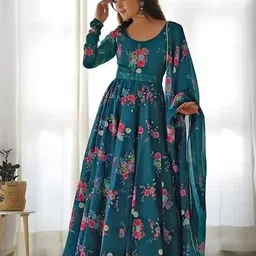 priniti Women Floral Print, Printed, Solid, Animal Print, Colorblock, Chikan Embroidery, Polka Print Georgette Anarkali Kurta With Attached Dupatta image 3