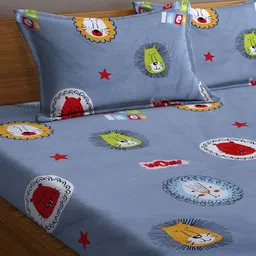 Arrabi Blue & White Cartoon Characters 300 TC Fitted King Bedsheet with 2 Pillow Covers image 2