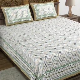 BLOCKS OF INDIA Green Geometric Cotton 210 TC Super King Bedsheet & 2 Pillow Covers image 4