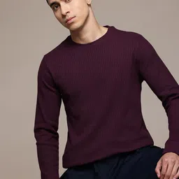 roadster Men Self Design Round Neck Pure Cotton Purple T-Shirt-picture-16