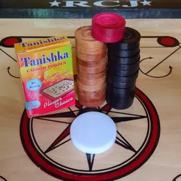 rcj CARROM BOARD 20X20 INCH , LUDO & CHESS , 24 PCS. WOODEN COIN , POWDER & STRICKER 50.8 cm Carrom Board image 3