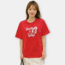 hivewear Women Printed Round Neck Cotton Blend Red T-Shirt-picture-12