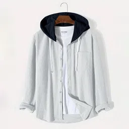 eyebogler Men Oversized Fit Solid Hood Collar Casual Shirt-picture-28