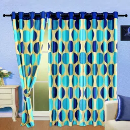 cortina Blue Geometric Polyester 5 Ft Semisheer Eyelet Door Curtains (Set of 2) image 1