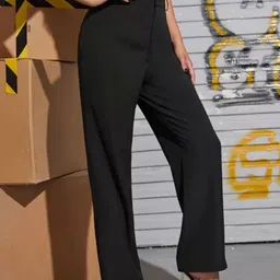 purple feather Women Flared Black Polyester Trousers image 2