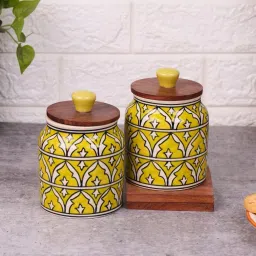 vareesha Yellow Jodhpuri Hand Painted Ceramic Jar with Wooden Lid Set of 2 image 1