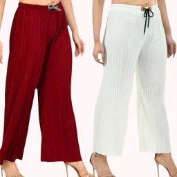 fabbizz Pack of 2 Women Regular Fit White, Maroon Polyester Trousers-picture-20