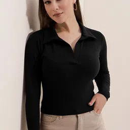 gyarasi Women Solid V Neck Cotton Blend Black T-Shirt-picture-11