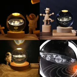 pamidhar 3D Space Galaxy Planet Crystal Ball Night Light Ball with Wooden Base Table Lamp image 3
