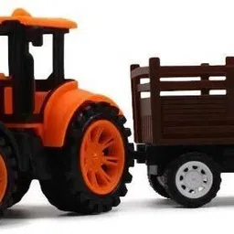 Medium size friction powered plastic tractor toy with trailer wagon behind-image-95