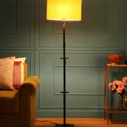 sanded edge Desmond Yellow Fabric Shade Club Floor Lamp With Wood Base-picture-15