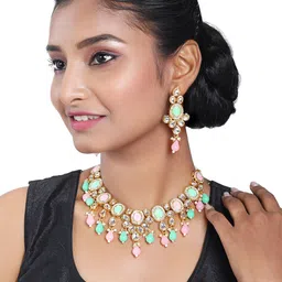 ASMITTA JEWELLERY Gold-Plated Kundan Stone Studded & Beaded Choker Jewellery Set image 2