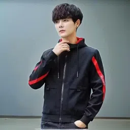 The Harry Hub Full Sleeve Black Hodded with Red Strip Jacket Colorblock Men Wind Cheater image 3