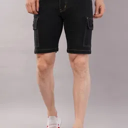 Solid Men Denim Black Denim Shorts-image-7