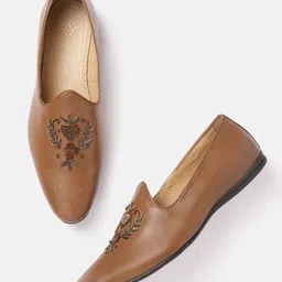 house of pataudi Men Brown Gold-Toned Embellished Handcrafted Slip-Ons Loafers For Men image 1