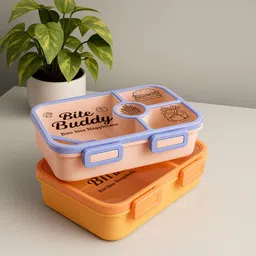 milyyy Premium Bite Buddy Plastic Lunch Box Combo Pack of 2 (Peach & Yellow) 4 Containers Lunch Box image 1