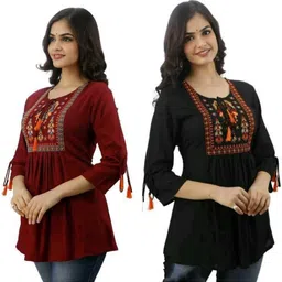 Pack of 2 Beach Wear Regular Sleeves Embroidered Women Maroon, Black Top-image-29