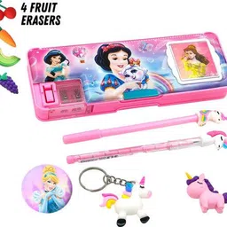 Disney Princess Themed Pencil Box with 10 PC Combo Accessories Perfect for Return Gift Magnetic Pencil Box with Calculator & Sharpener Art Plastic Pencil Box-image-19