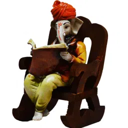 Orange Polyresin Lord Ganesha Reading Book On Wooden Chair Idol by eCraftIndia image 2