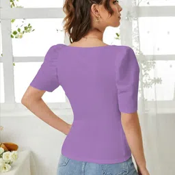 dream beauty fashion Casual Puff Sleeves Solid Women Purple Top image 2
