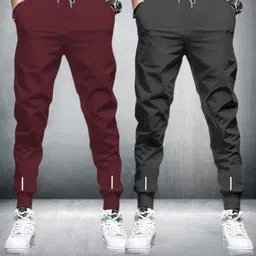 nikshi Pack of 2 Men Solid Maroon, Grey Track Pants image 1