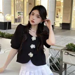 Casual Puff Sleeves Solid Women Black Top-image-0