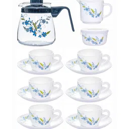 cello Opal Glass 15pcs Tea Set of 6pcs Cup, 6pcs Saucer, 1pc Clear Glass Crafe, 1pc Milk Mug & Sugar Pot) image 2