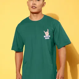 veirdo Oversized Men Printed Round Neck Pure Cotton Dark Green T-Shirt image 3