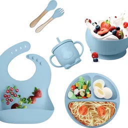 mellow Baby Feeding Set | BPA-Free Silicone | Weaning Dish Kit (Sky Blue) - BPA-Free Silicone image 1