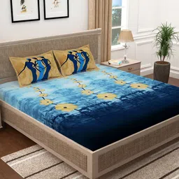 Story@home Blue & Beige Floral 300 TC Cotton 1 King Bedsheet with 2 Pillow Covers image 1