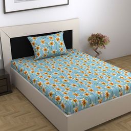 Divine Casa Turquoise Blue Floral 144 TC Single Bedsheet with 1 Pillow Covers-picture-20