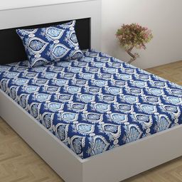 Divine Casa Prisham Blue Printed Pure Cotton 144 TC Single Bedsheet with 1 Pillow Cover-picture-23