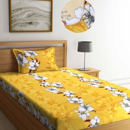 Arrabi Yellow & White Floral 300 TC Single Bedsheet with 1 Pillow Cover-picture-36