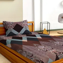 Aura Blue & Brown Geometric Microfiber 180 TC Single Bedsheet with 1 Pillow Covers-image-51