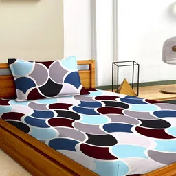 Aura Blue & Brown Geometric Microfiber Fitted 180 TC Single Bedsheet with 1 Pillow Covers-image-49
