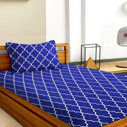 Aura Blue & White Geometric Microfiber 180 TC Single Bedsheet with 1 Pillow Covers-image-50