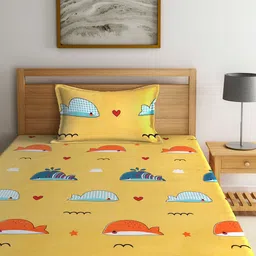 Arrabi Yellow & Blue Graphic 130 TC Single Bedsheet with 1 Pillow Cover image 5